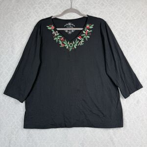 Coral Bay Christmas Shirt Womens XL Black Embroidered 3/4 Sleeve Holiday Casual